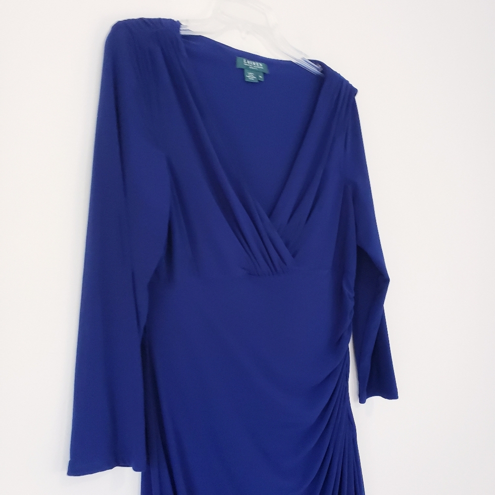 Ralph Lauren Navy Blue Faux Wrap Jersey Long Sleeve Dress Stretchy Size 14 - Picture 9 of 13